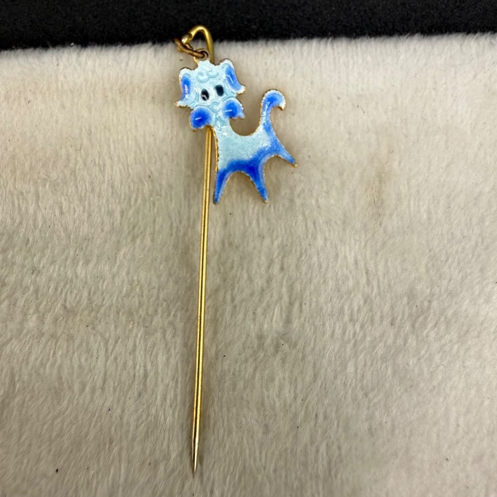 Vintage‎ Enamel Dog Stick Pin Blue Gold Tone